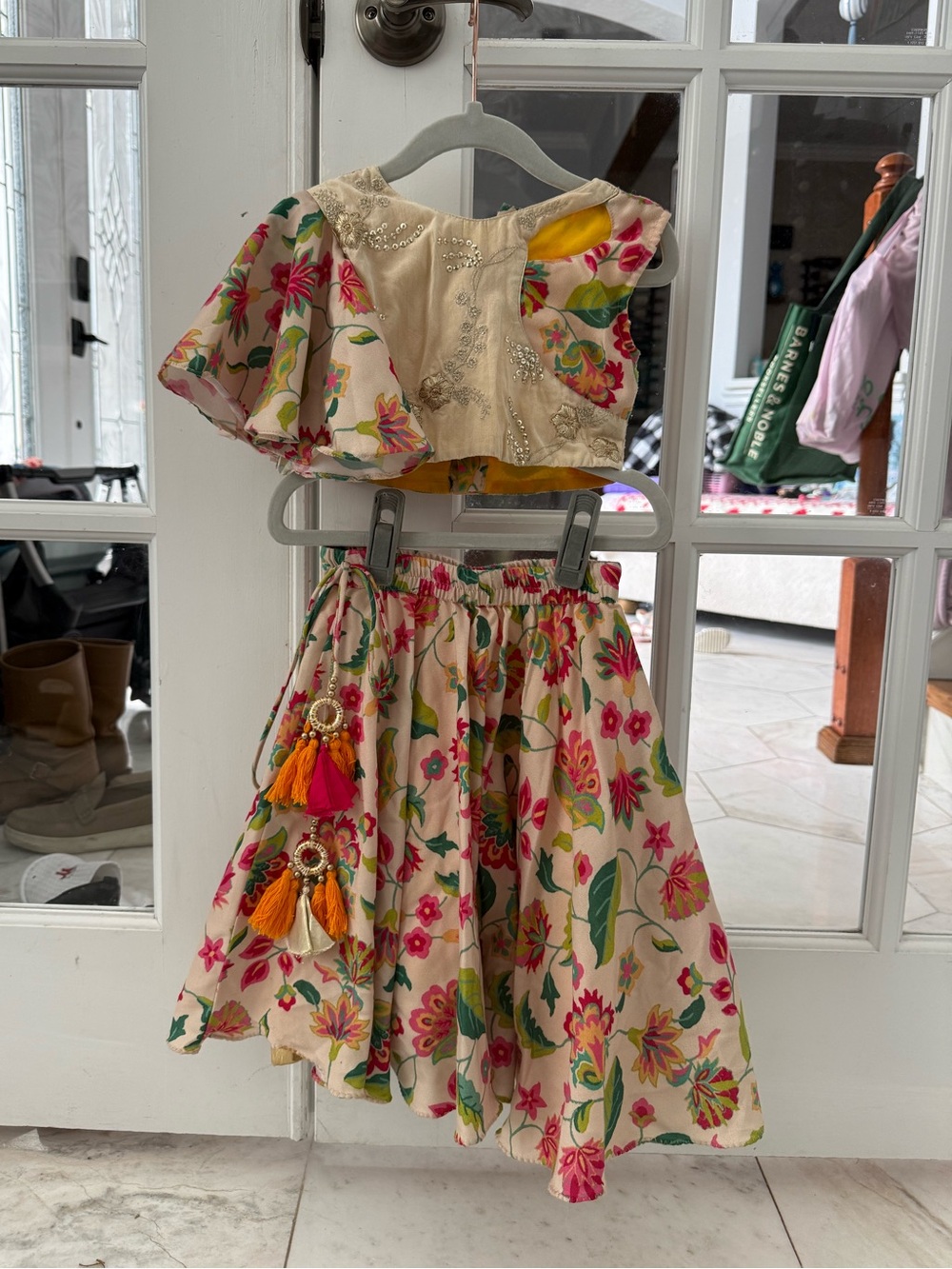 Kids Floral Skirt and Top Lengha Set - Pink Cream